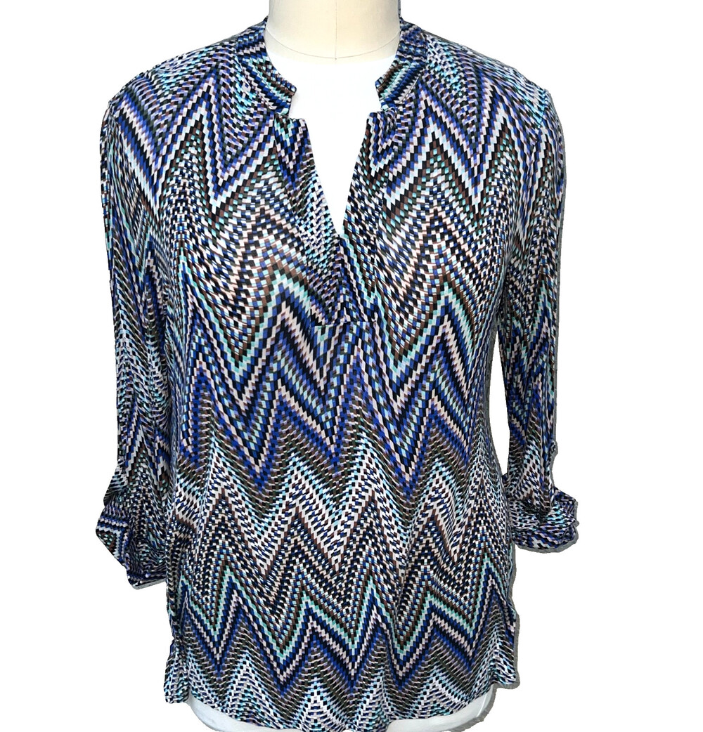 Roz & Ali Tunic Top Blouse Womens 2X Placket V-Neck Zig Zag Geometric Blue Brown